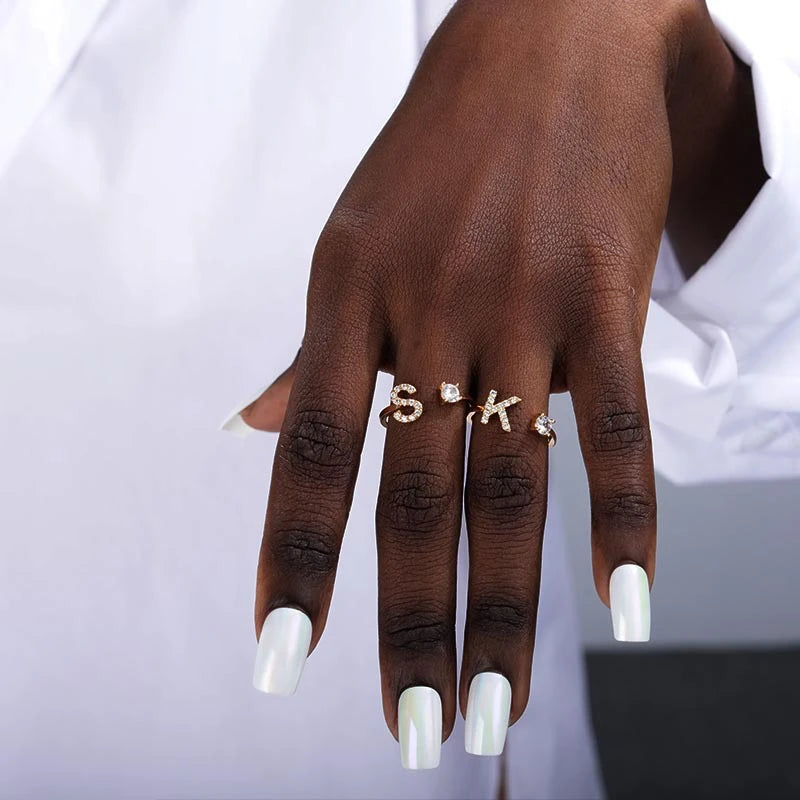 Bague Alphabet Initiale Lettre AZ Ouverture Réglable Couleur Or Acier Inoxydable Iced Out CZ Anneaux Femme Fête Bijoux Cadeau