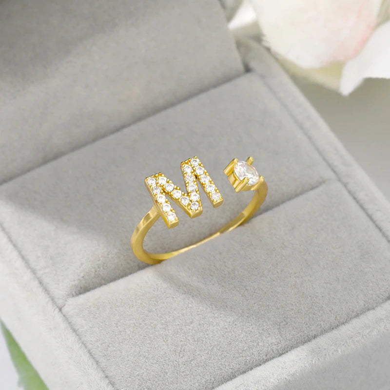 Bague Alphabet Initiale Lettre AZ Ouverture Réglable Couleur Or Acier Inoxydable Iced Out CZ Anneaux Femme Fête Bijoux Cadeau