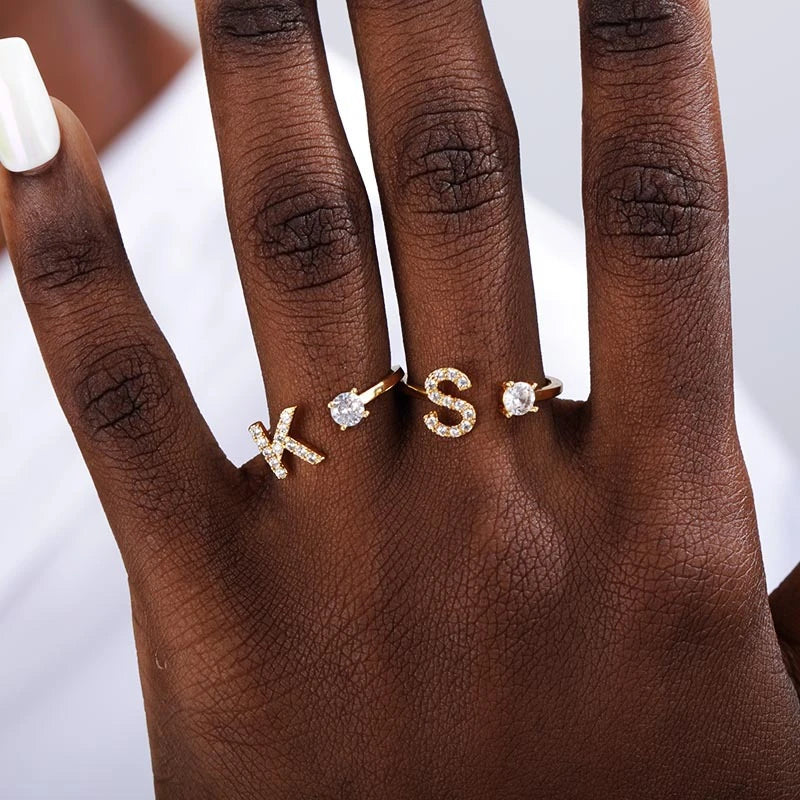 Bague Alphabet Initiale Lettre AZ Ouverture Réglable Couleur Or Acier Inoxydable Iced Out CZ Anneaux Femme Fête Bijoux Cadeau