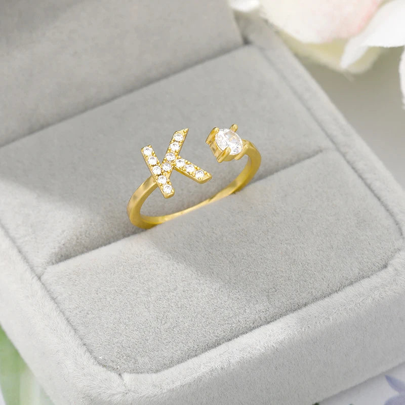 Bague Alphabet Initiale Lettre AZ Ouverture Réglable Couleur Or Acier Inoxydable Iced Out CZ Anneaux Femme Fête Bijoux Cadeau
