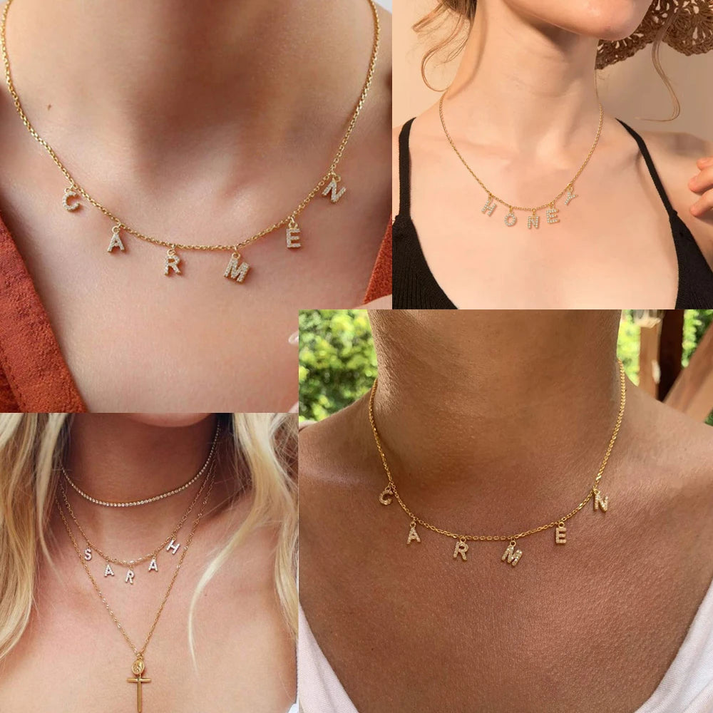 Collier personnalisé avec nom pour femme, pendentif lettre initiale en zircon, bijoux en acier inoxydable en gros