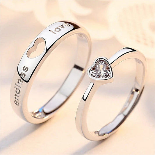 2Pcs/set Zircon Heart Matching Couple Ring For Women Men Forever Endless Love Opening Ring Charm Valentine's Day Wedding Jewelry