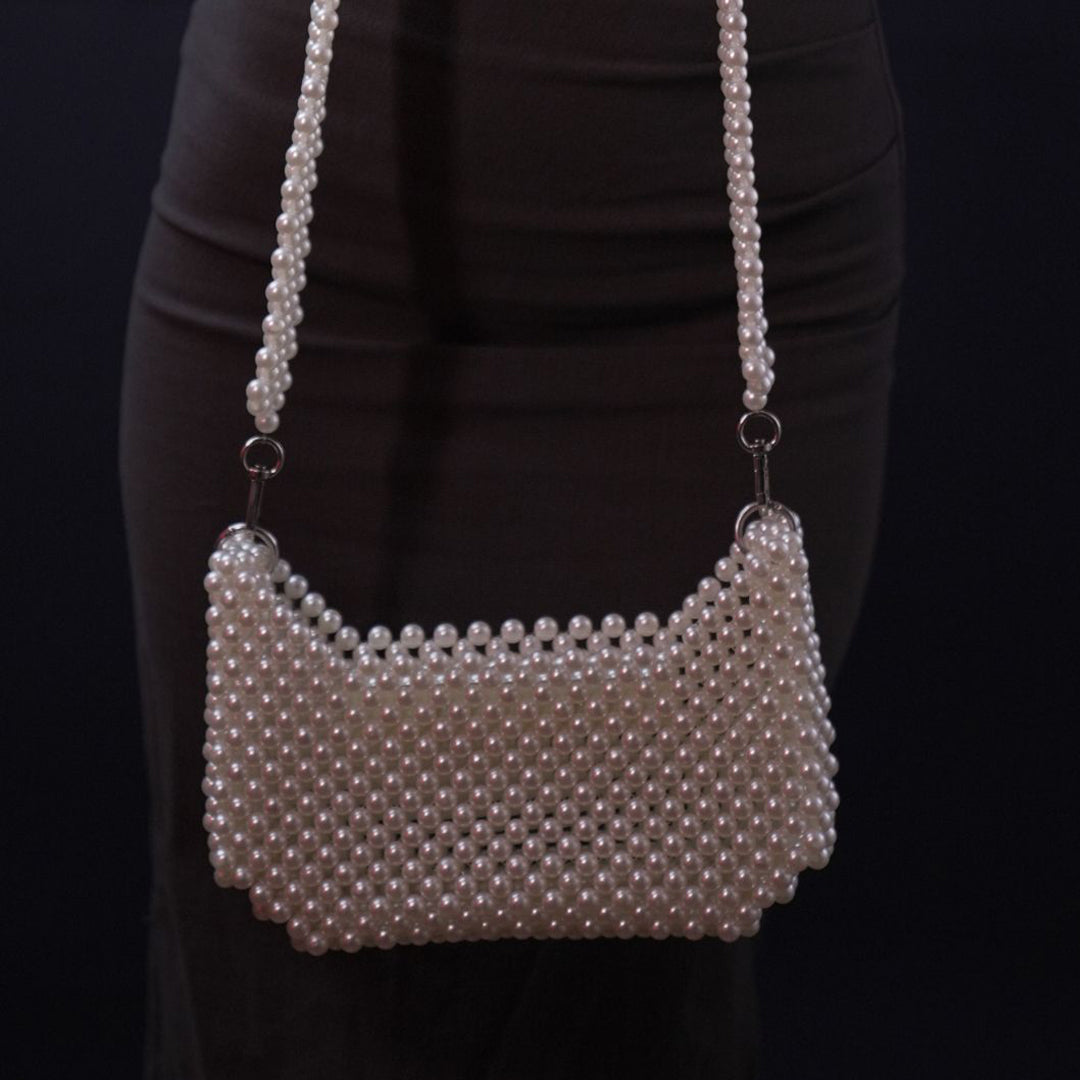 Elegant White Pearl Beaded Bag