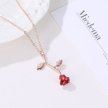 European and American Fashion Personality Temperament Red Rose Pendant Necklace Women's Simple and Creative Oil Drop Necklace