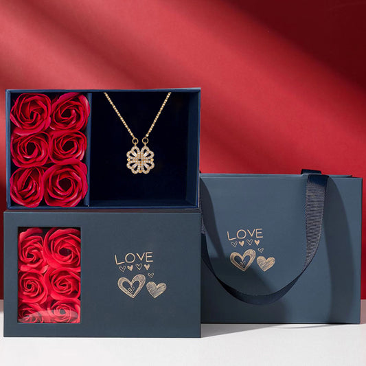 Luxury Four Leaf Clover Pendant Necklace for Women Crystal Heart Magnetic Necklaces Rose Box Gift for Girlfriend Mom