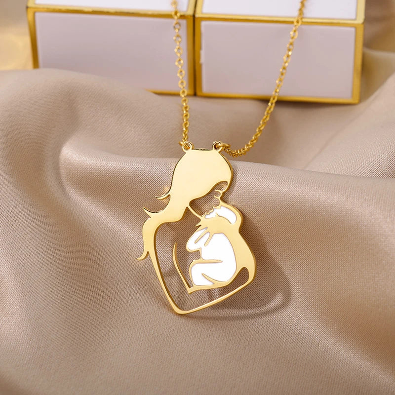 Warm Family Pregnant Baby Necklace Mother Day Gift Stainless Steel Women Mom Kid Pendant Necklace Choker Love Heart Jewelry Wife