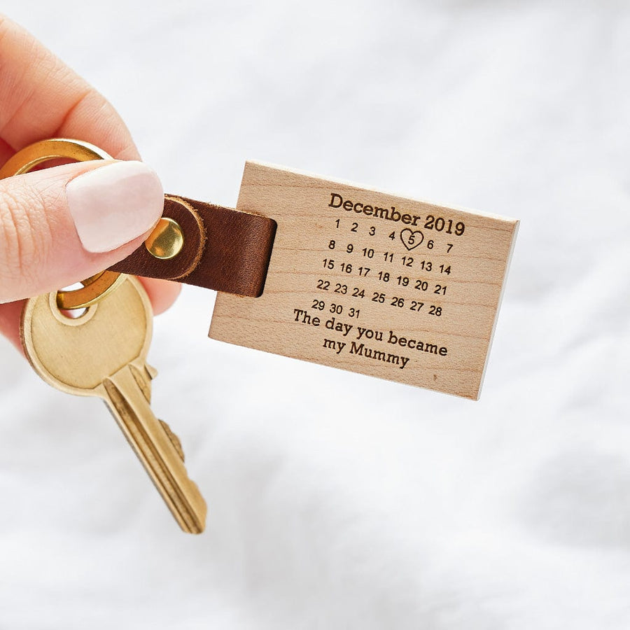 Personalised 'The Day You Became My' Calendar Wood Keyring