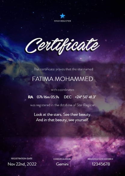 Name A REAL Visible Star "Certificate + MAP + link to view your star"